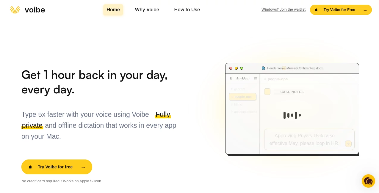 Screenshot of Voibe – An AI tool in the ,AI Speech to Text ,AI Voice & Audio Editing ,AI Speech Recognition ,AI Voice Assistants  category, showcasing its interface and key features.