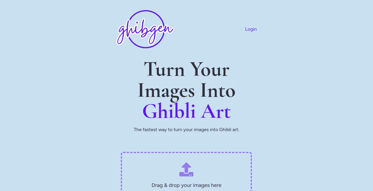 Screenshot of Ghibgen – An AI tool in the ,AI Photo & Image Generator ,Photo & Image Editor ,AI Art Generator ,AI Anime Art  category, showcasing its interface and key features.