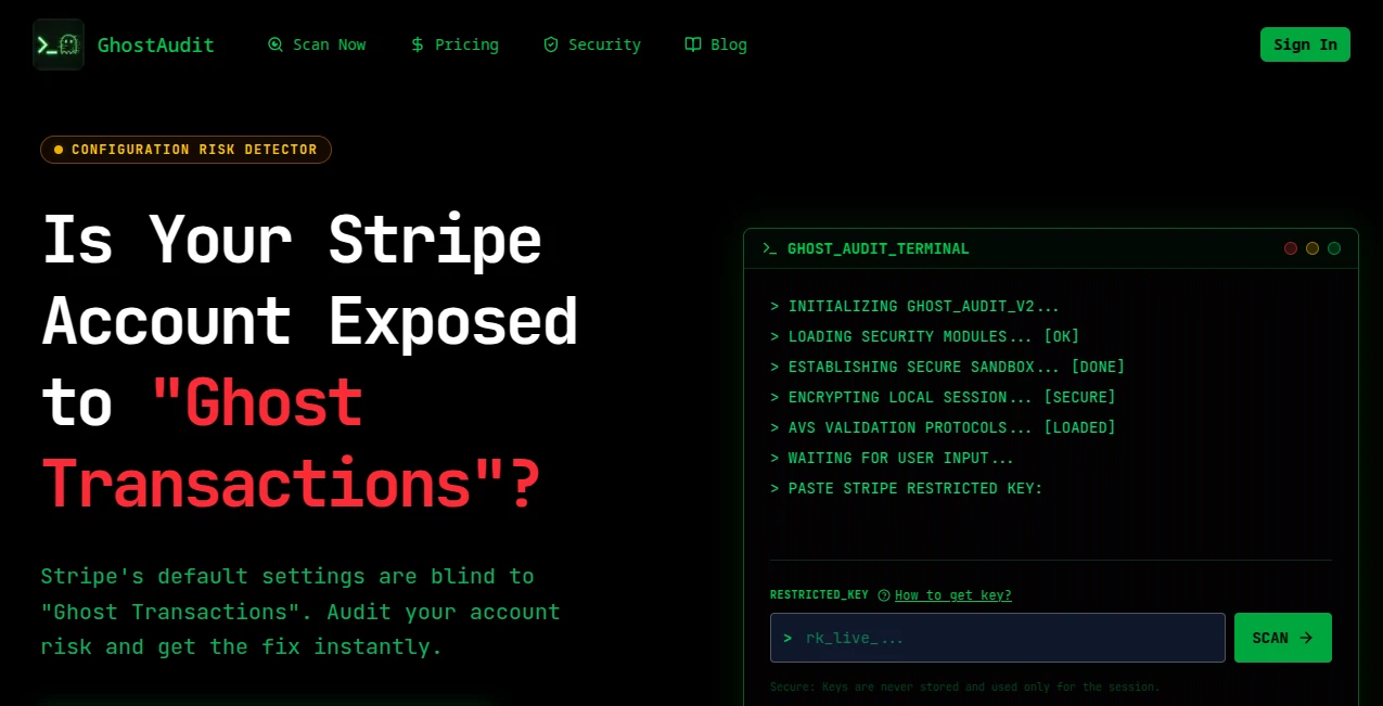 Screenshot of GhostAudit – An AI tool in the ,AI E-commerce Assistant ,AI Analytics Assistant ,AI Consulting Assistant  category, showcasing its interface and key features.