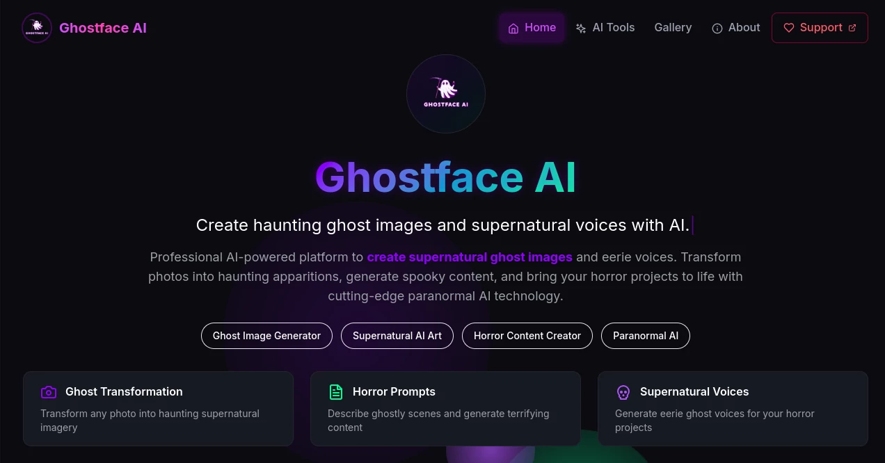 Screenshot of Ghostface AI – An AI tool in the ,AI Voice Changer ,AI Photo & Image Generator ,AI Singing Generator ,AI Art Generator  category, showcasing its interface and key features.