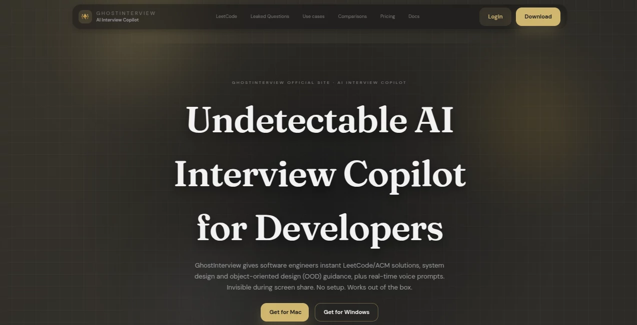 Screenshot of GhostInterview – An AI tool in the ,AI Coaching ,AI Education Assistant ,AI Interview Assistant ,AI Developer Tools  category, showcasing its interface and key features.
