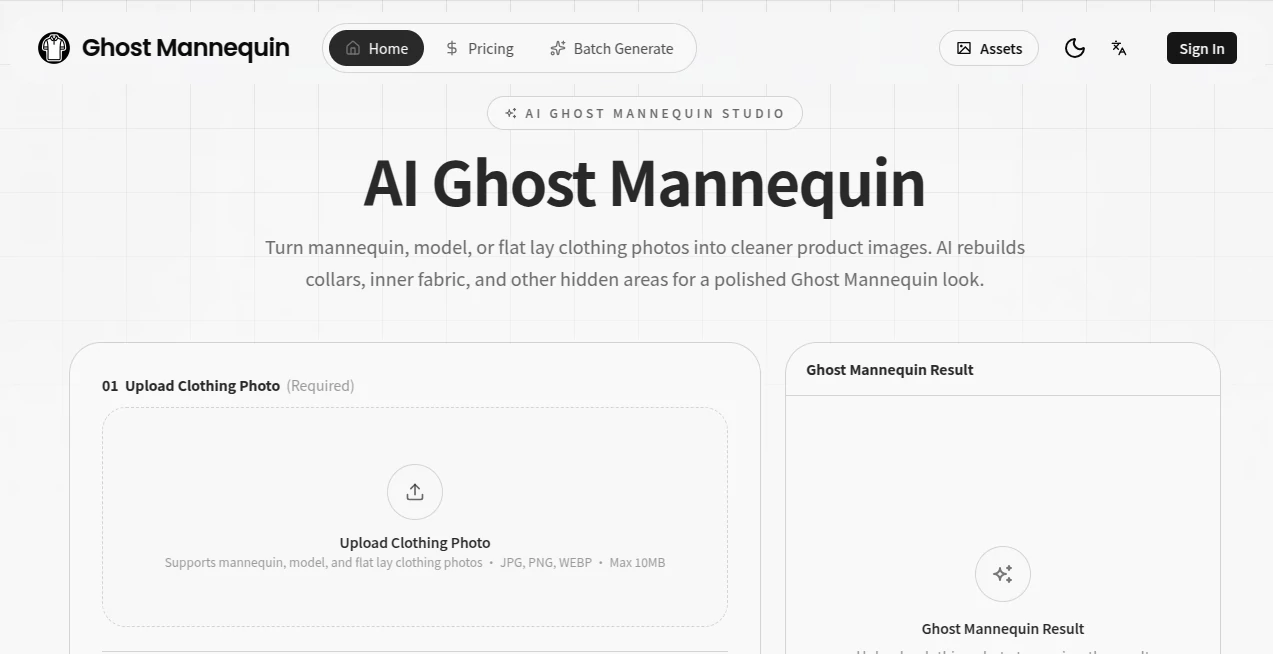 Screenshot of Ghost Mannequin – An AI tool in the ,AI Photo & Image Generator ,Photo & Image Editor ,AI Background Remover ,AI E-commerce Assistant  category, showcasing its interface and key features.