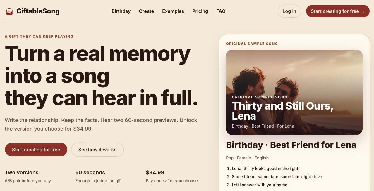 Screenshot of GiftableSong – An AI tool in the ,AI Text to Music ,AI Singing Generator ,AI Gift Ideas ,AI Music Generator  category, showcasing its interface and key features.
