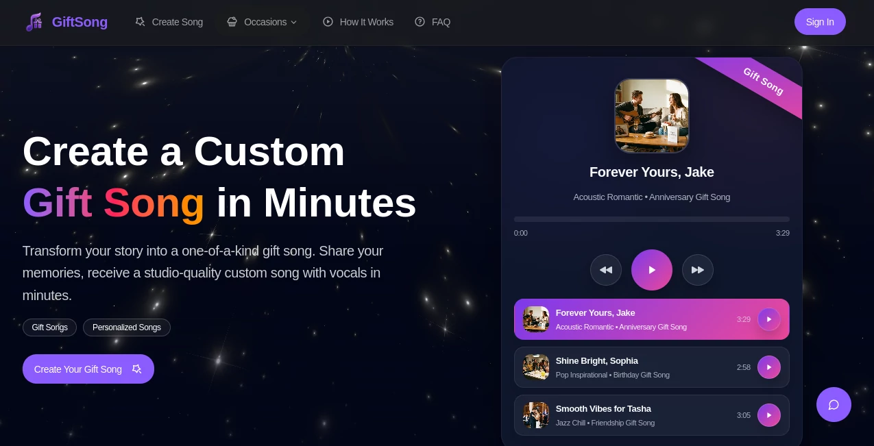 Screenshot of Custom Gift Song – An AI tool in the ,AI Text to Music ,AI Lyrics Generator ,AI Gift Ideas ,AI Music Generator  category, showcasing its interface and key features.