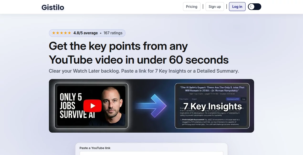Screenshot of Gistilo - YouTube Summarizer – An AI tool in the ,AI Summarizer ,AI Video Search ,AI Education Assistant ,AI Productivity Tools  category, showcasing its interface and key features.