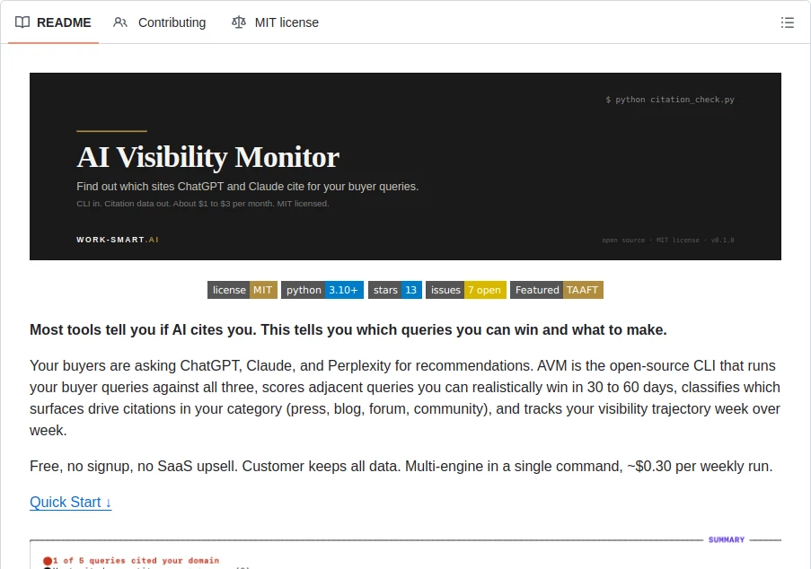 Screenshot of AI Visibility Monitor – An AI tool in the ,AI Developer Tools ,AI Research Tool ,AI Analytics Assistant ,AI SEO Assistant ,Github Repos  category, showcasing its interface and key features.