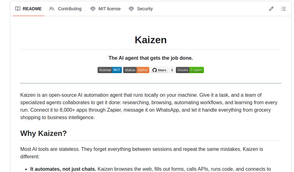 Screenshot of Kaizen AI Agent Framework – An AI tool in the ,Github Repos ,AI Developer Tools  category, showcasing its interface and key features.