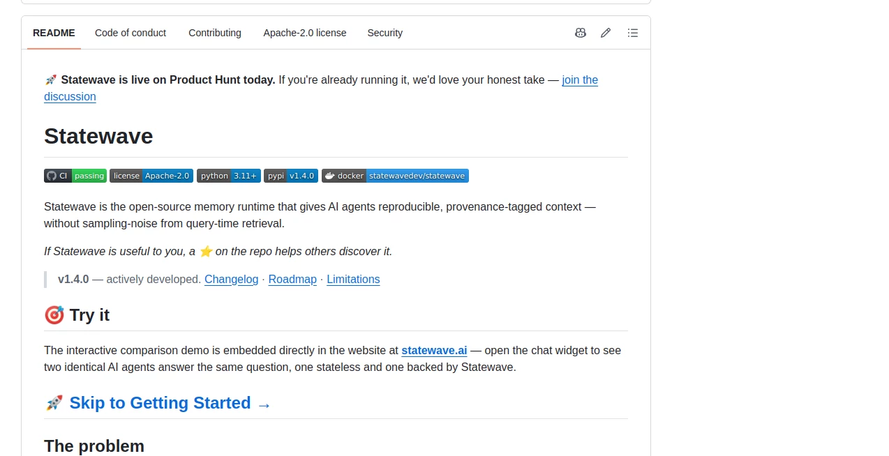 Screenshot of Statewave – An AI tool in the ,Github Repos ,AI Knowledge Management ,AI Knowledge Base ,AI Developer Tools  category, showcasing its interface and key features.