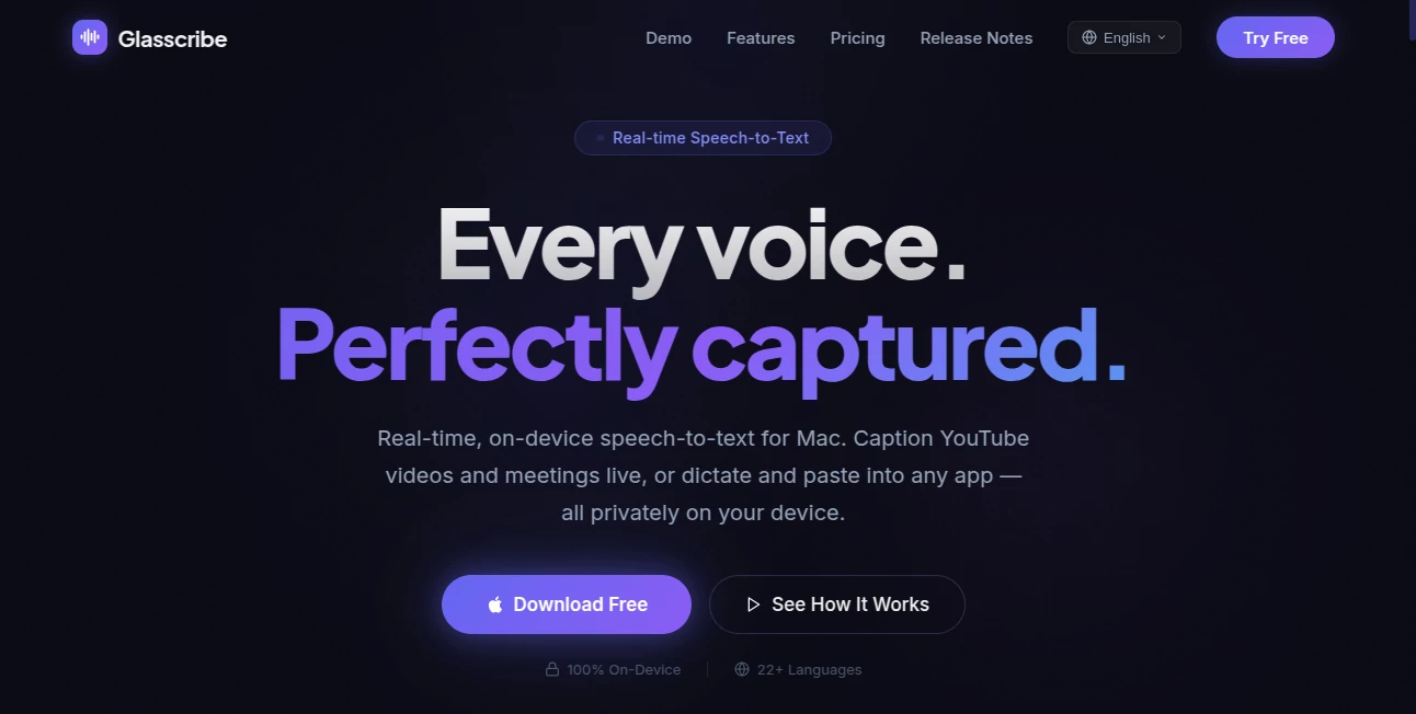 Screenshot of Glasscribe – An AI tool in the ,AI Productivity Tools ,AI Speech Recognition ,AI Speech to Text ,AI Voice Assistants  category, showcasing its interface and key features.