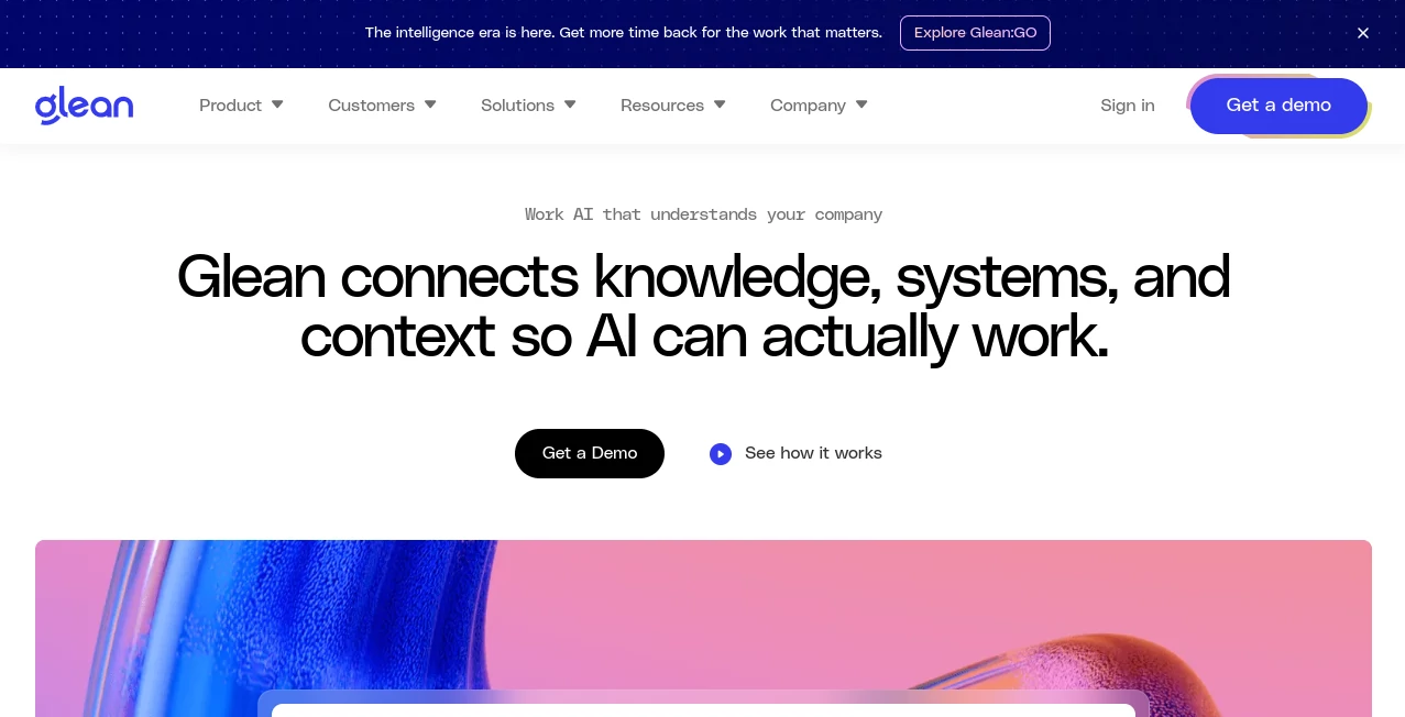 Screenshot of Glean – An AI tool in the ,AI Knowledge Management ,AI Productivity Tools ,AI Knowledge Base ,AI Search Engine  category, showcasing its interface and key features.