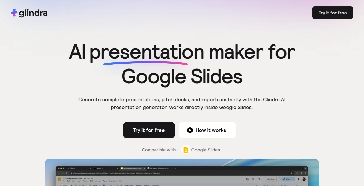 Screenshot of Glindra – An AI tool in the ,AI Presentation Generator ,AI Productivity Tools ,AI Team Collaboration ,AI Documents Assistant  category, showcasing its interface and key features.