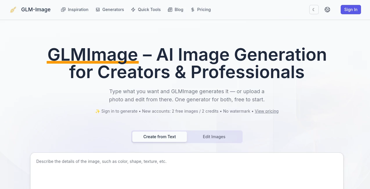 Screenshot of GLM-Image – An AI tool in the ,AI Photo & Image Generator ,AI Graphic Design ,AI Image to Image ,AI Text to Image  category, showcasing its interface and key features.