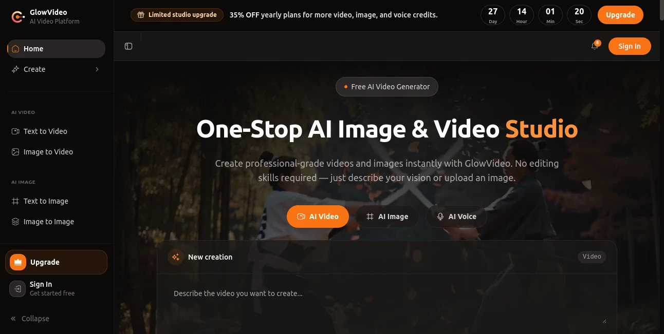 Screenshot of GlowVideo – An AI tool in the ,AI Image to Video ,AI Text to Video ,AI Video Generator ,AI Voice & Audio Editing  category, showcasing its interface and key features.