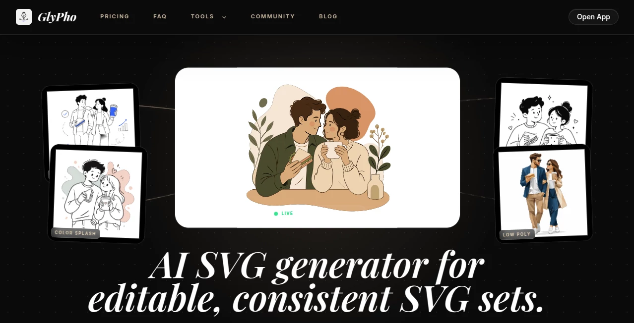 Screenshot of GlyPho – An AI tool in the ,AI Illustration Generator ,AI Logo Generator ,AI Design Generator ,AI Graphic Design  category, showcasing its interface and key features.