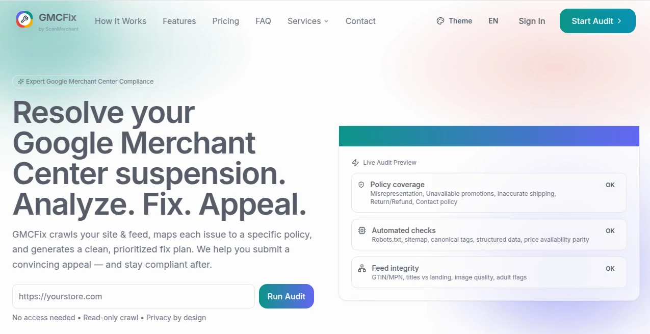 Screenshot of GMCFix.com – An AI tool in the ,AI SEO Assistant ,AI Research Tool ,AI Analytics Assistant ,AI E-commerce Assistant  category, showcasing its interface and key features.