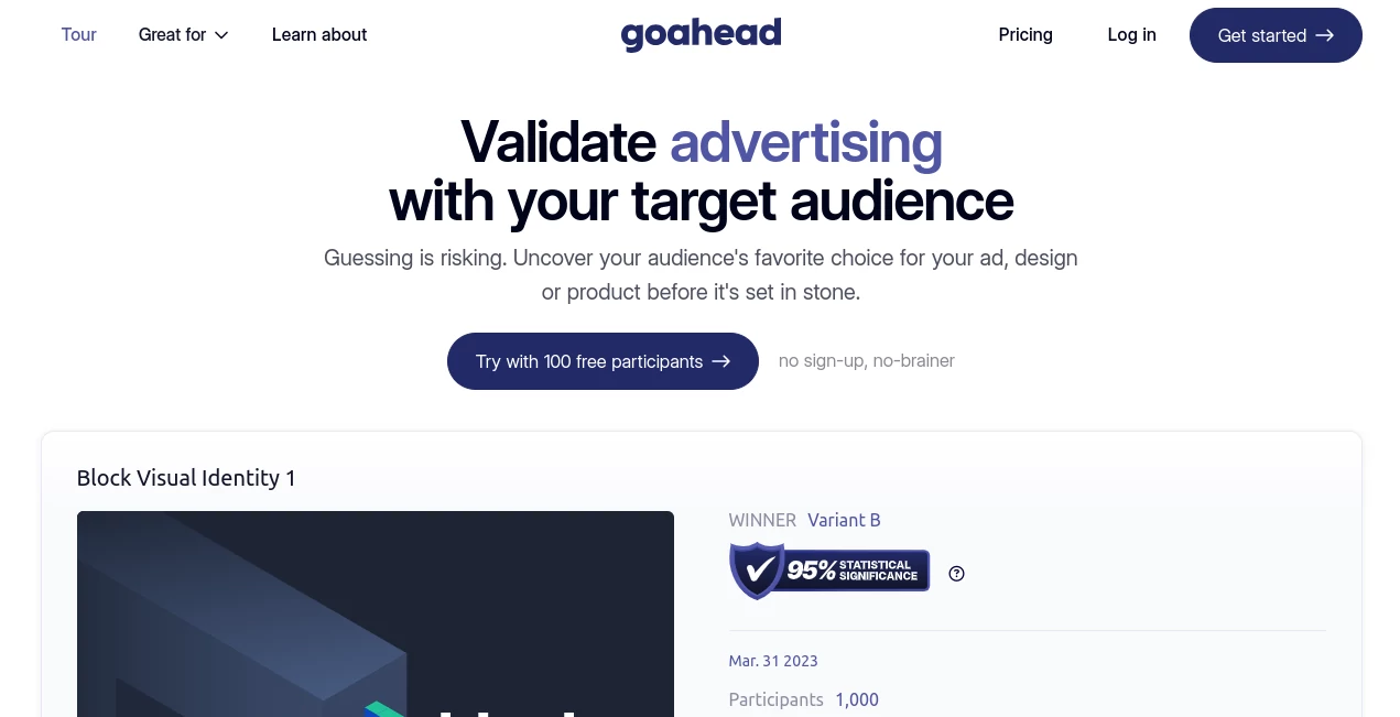 Screenshot of goahead – An AI tool in the ,AI Research Tool ,AI Analytics Assistant ,AI Marketing Plan Generator ,AI Forms & Surveys  category, showcasing its interface and key features.