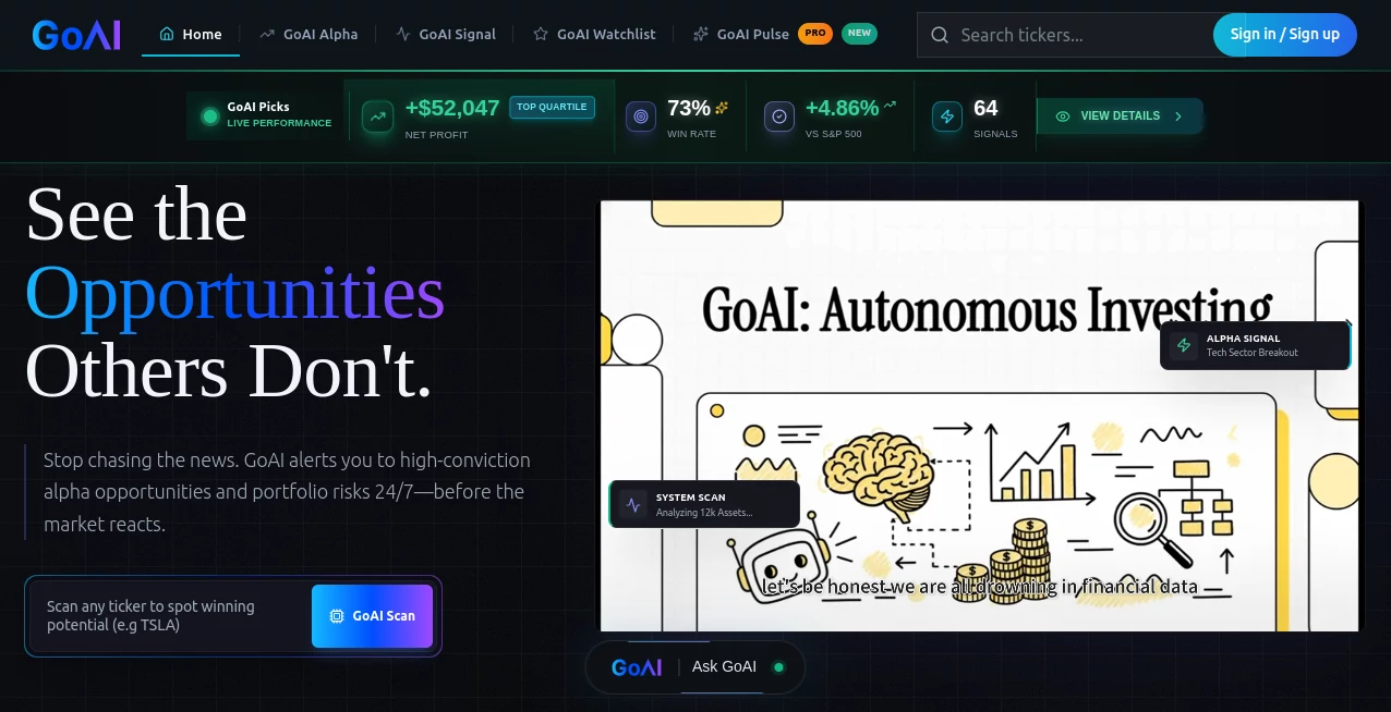 Screenshot of GoAI – An AI tool in the ,AI Investing Assistant ,AI Research Tool ,AI Trading Bot Assistant  category, showcasing its interface and key features.