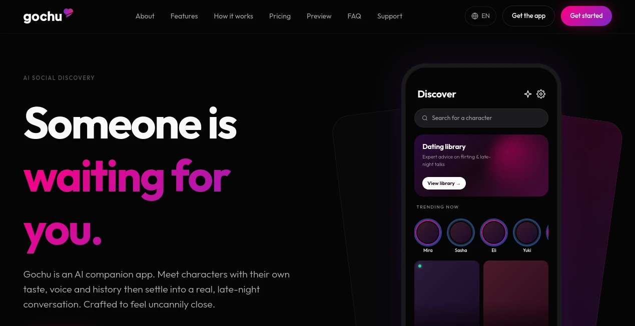Screenshot of Gochu – An AI tool in the ,AI Voice Chat Generator ,AI Chatbot ,AI Girlfriend ,AI Character  category, showcasing its interface and key features.