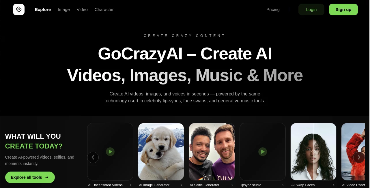 Screenshot of GoCrazyAI – An AI tool in the ,AI Photo & Image Generator ,AI Video Generator ,AI Lip Sync Generator ,AI Face Swap Generator  category, showcasing its interface and key features.