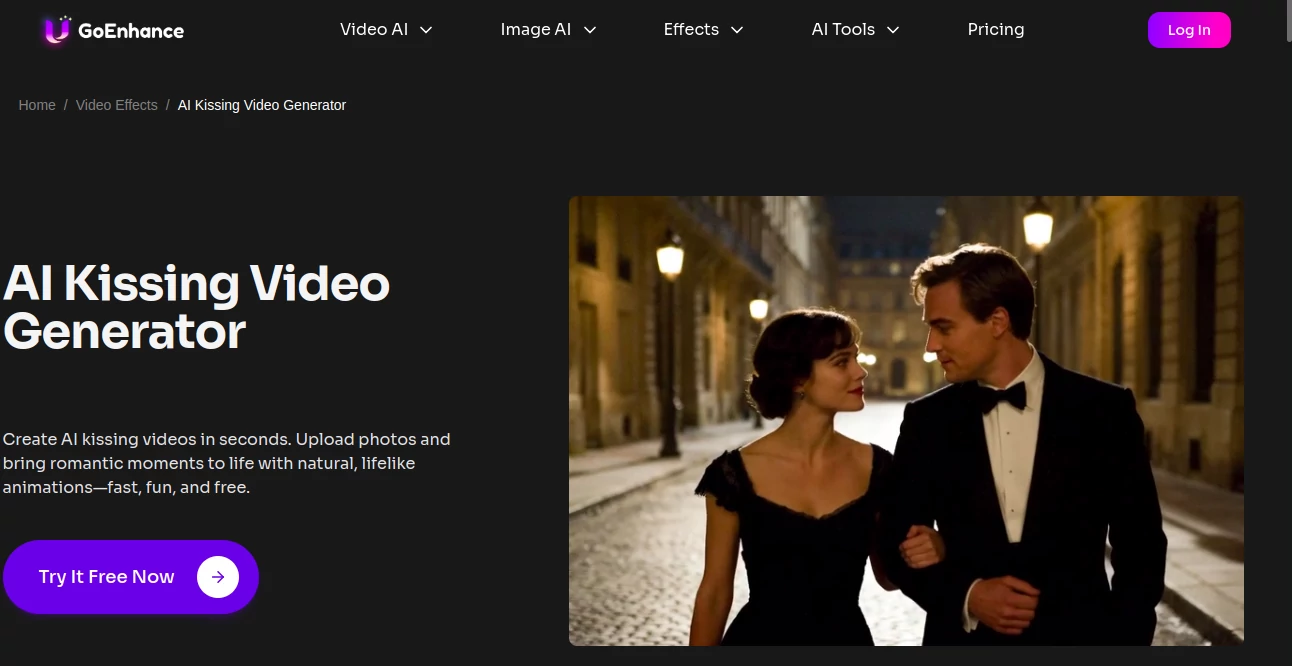 Screenshot of GoEnhance - AI Kissing Video Generator – An AI tool in the ,AI Animated Video ,AI Image to Video ,AI Personalized Video Generator ,AI Video Generator  category, showcasing its interface and key features.