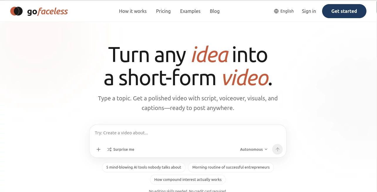 Screenshot of GoFaceless – An AI tool in the ,AI Content Generator ,AI Animated Video ,AI Text to Video ,AI Video Generator  category, showcasing its interface and key features.