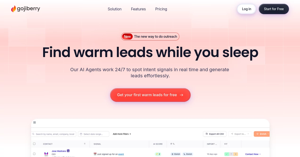 Screenshot of GojiberryAI – An AI tool in the ,AI Lead Generation ,AI Sales Assistant ,AI Social Media Assistant ,AI CRM Assistant  category, showcasing its interface and key features.