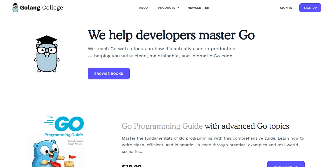 Screenshot of GOLANG COLLEGE – An AI tool in the ,AI Developer Tools  category, showcasing its interface and key features.