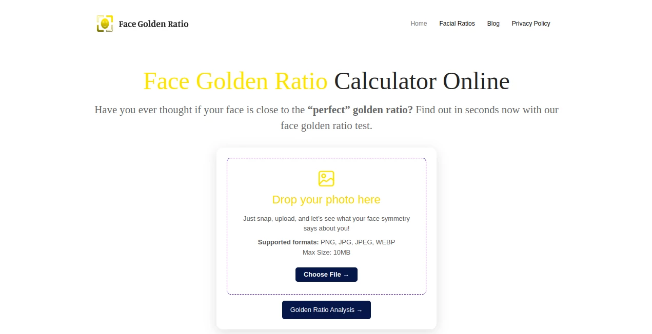 Screenshot of Golden Ratio Face Test – An AI tool in the ,AI Photo Enhancer ,Photo & Image Editor ,AI Selfie & Portrait ,AI Photography  category, showcasing its interface and key features.