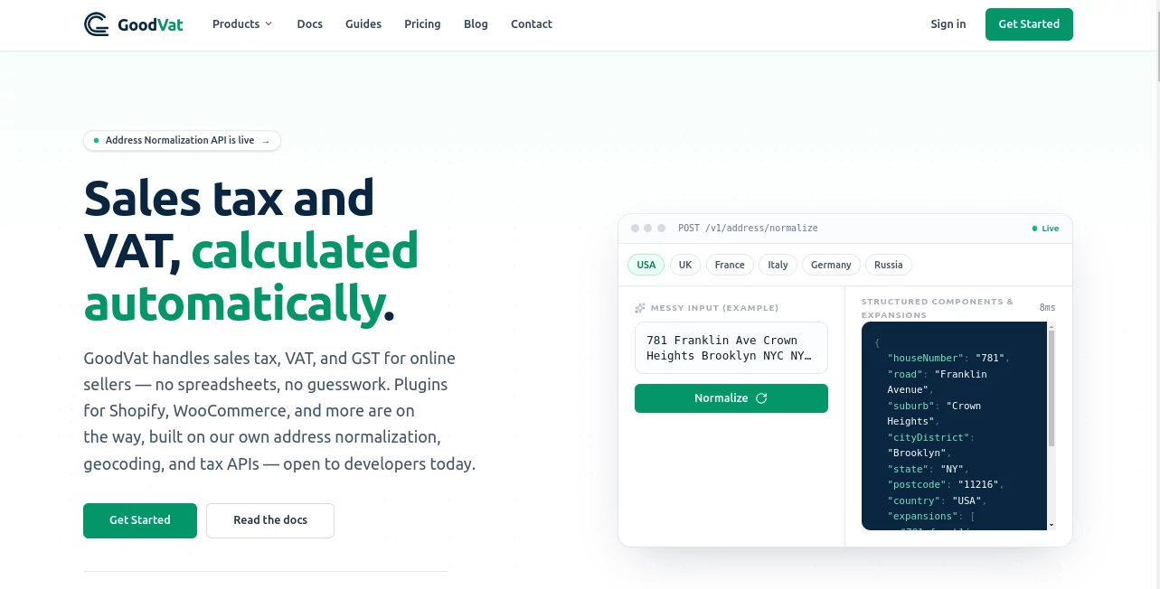 Screenshot of GoodVat – An AI tool in the ,AI Tax Assistant ,AI E-commerce Assistant ,AI API Design ,AI Developer Tools  category, showcasing its interface and key features.