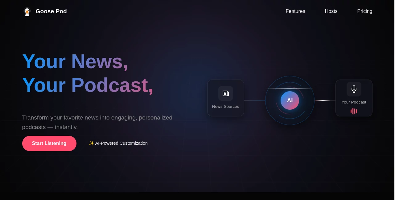 Screenshot of Goose Pod – An AI tool in the ,AI Text to Speech ,AI Voice & Audio Editing ,AI Podcast Assistant  category, showcasing its interface and key features.