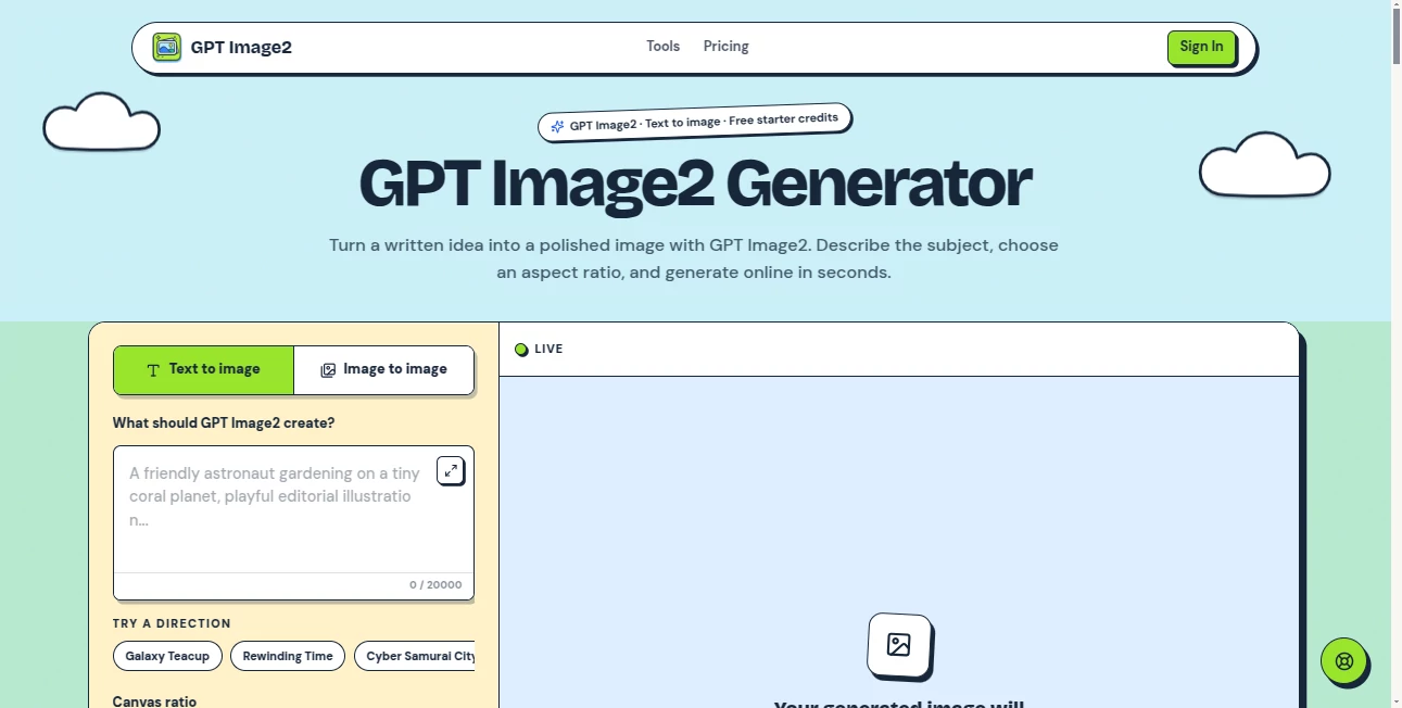 Screenshot of GPT IMAGE2 – An AI tool in the ,AI Text to Image ,AI Photo & Image Generator ,AI Image to Image ,AI Design Generator  category, showcasing its interface and key features.