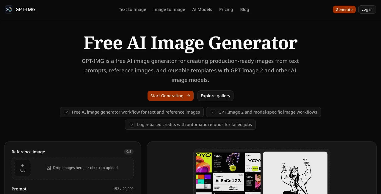 Screenshot of GPT-IMG – An AI tool in the ,AI Text to Image ,AI Photo & Image Generator ,AI Image to Image ,AI Design Generator  category, showcasing its interface and key features.