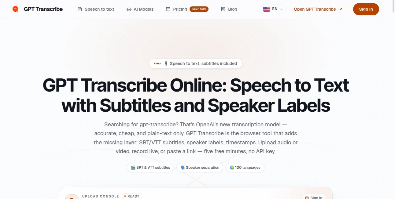 Screenshot of GPT Transcribe – An AI tool in the ,AI Recording ,AI Productivity Tools ,AI Transcription ,AI Speech to Text  category, showcasing its interface and key features.