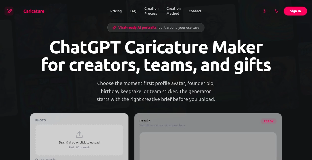 Screenshot of GPT Caricature – An AI tool in the ,AI Photo & Image Generator ,AI Avatar Generator ,AI Art Generator ,AI Image to Image  category, showcasing its interface and key features.