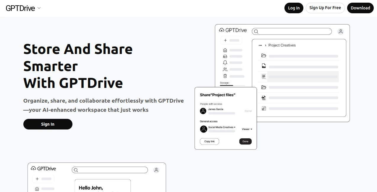 Screenshot of GPTDrive – An AI tool in the ,AI Knowledge Management ,AI Documents Assistant ,AI Files Assistant ,AI Notes Assistant  category, showcasing its interface and key features.