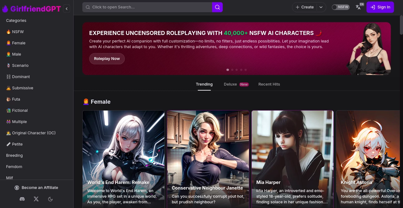Screenshot of GirlfriendGPT – An AI tool in the ,AI Girlfriend ,NSFW  category, showcasing its interface and key features.