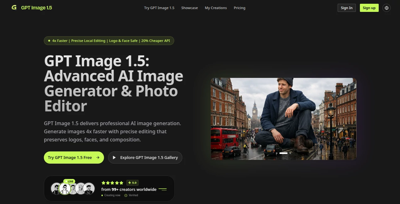 Screenshot of GPT Image 1.5 – An AI tool in the ,AI Text to Image ,AI Photo & Image Generator ,Photo & Image Editor ,AI Art Generator  category, showcasing its interface and key features.