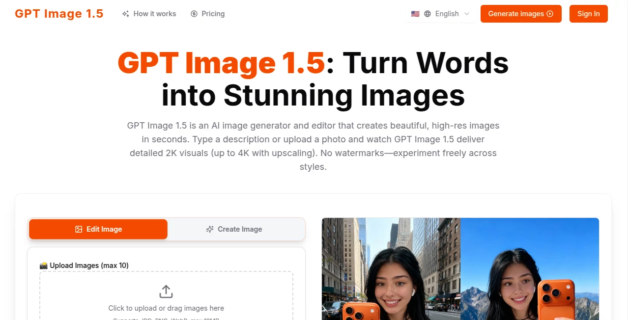 Screenshot of GPT Image 1.5 – An AI tool in the ,AI Text to Image ,AI Photo & Image Generator ,Photo & Image Editor ,AI Art Generator  category, showcasing its interface and key features.