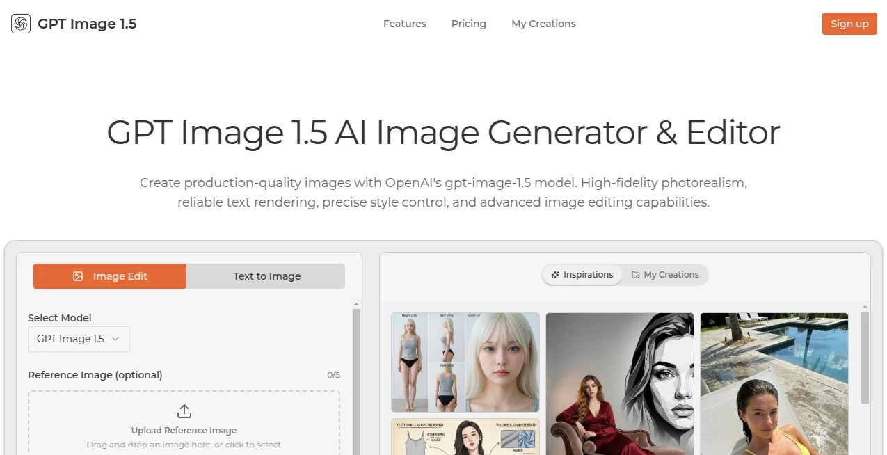 Screenshot of GPT Image 1.5 – An AI tool in the ,AI Text to Image ,AI Photo & Image Generator ,Photo & Image Editor ,AI Art Generator  category, showcasing its interface and key features.