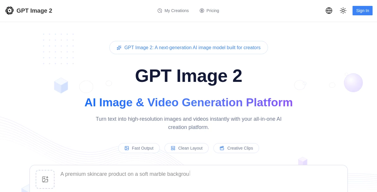 Screenshot of GPT Image 2 – An AI tool in the ,AI Photo & Image Generator ,Photo & Image Editor ,AI Design Generator ,AI Image to Image  category, showcasing its interface and key features.