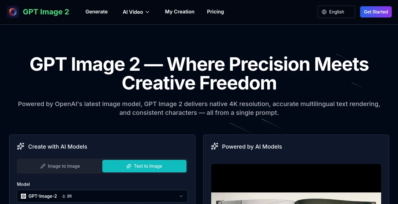 Screenshot of GPT Image 2 – An AI tool in the ,AI Photo & Image Generator ,AI Design Generator ,AI Image to Image ,AI Text to Image  category, showcasing its interface and key features.