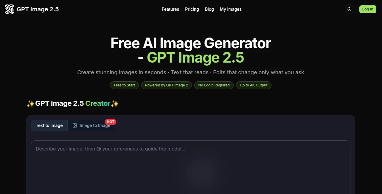 Screenshot of GPT Image 2.5 – An AI tool in the ,AI Photo & Image Generator ,AI Image to Image ,AI Text to Image  category, showcasing its interface and key features.