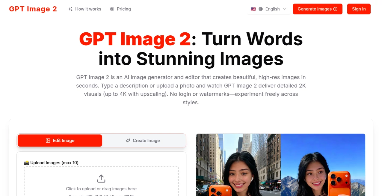Screenshot of GPT Image 2 – An AI tool in the ,AI Photo & Image Generator ,AI Art Generator ,AI Design Generator ,AI Text to Image  category, showcasing its interface and key features.