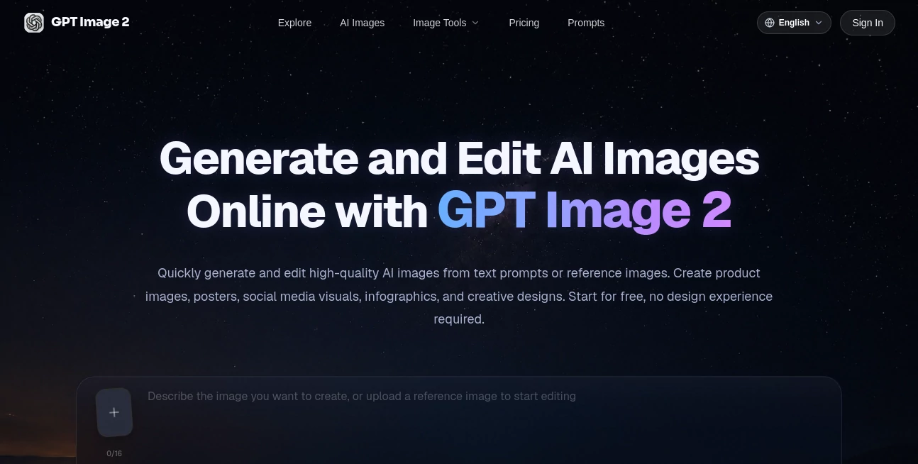 Screenshot of GPT Image 2 – An AI tool in the ,AI Photo & Image Generator ,Photo & Image Editor ,AI Image to Image ,AI Text to Image  category, showcasing its interface and key features.