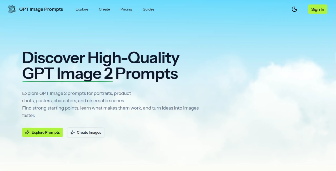 Screenshot of GPT Image Prompts – An AI tool in the ,AI Photo & Image Generator ,Prompt  category, showcasing its interface and key features.