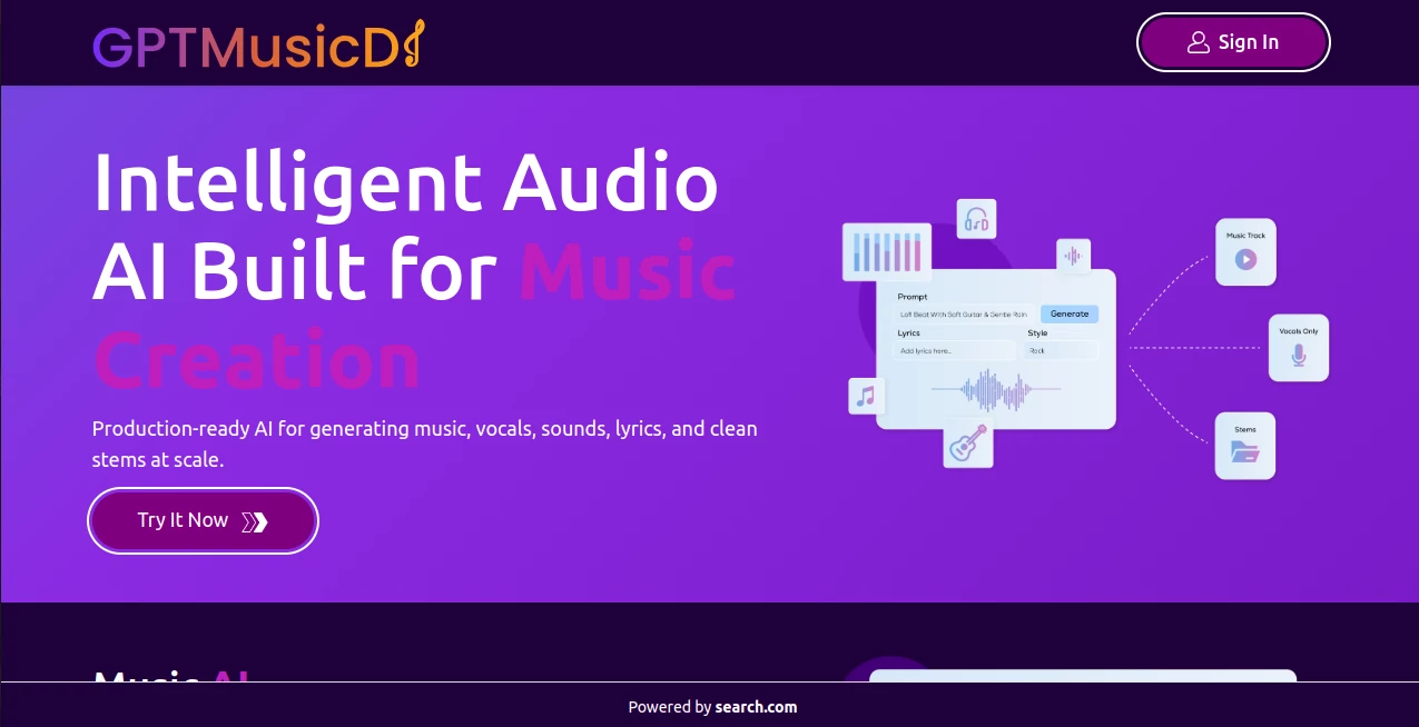 Screenshot of GPTMusicDJ – An AI tool in the ,AI Text to Music ,AI Singing Generator ,AI Music Generator ,AI Voice & Audio Editing  category, showcasing its interface and key features.