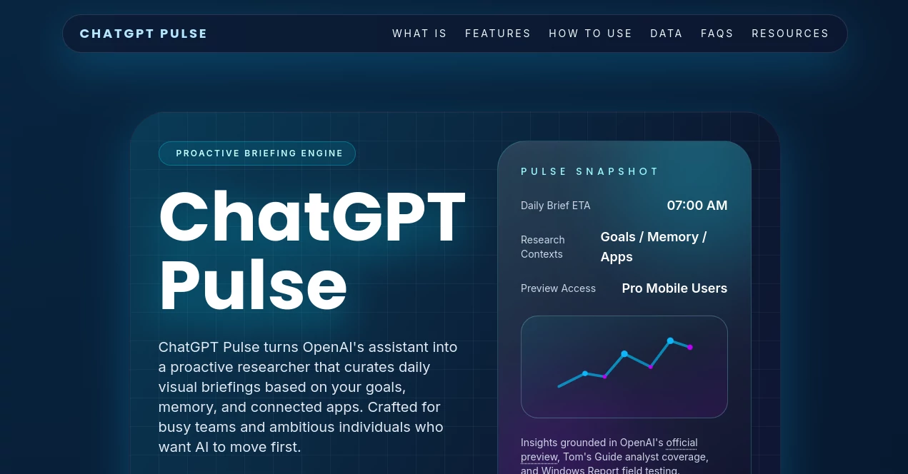 Screenshot of CHATGPT PULSE – An AI tool in the ,AI Life Assistant ,AI Knowledge Management ,AI Task Management ,AI Coaching  category, showcasing its interface and key features.