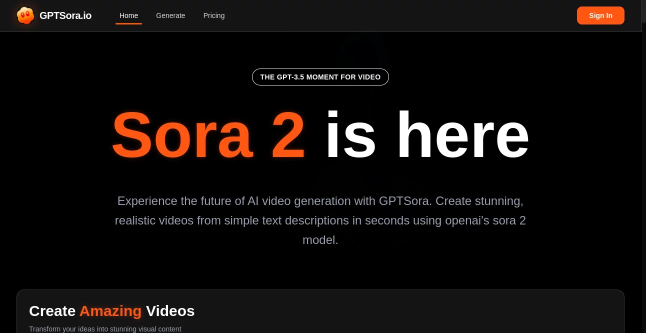 Screenshot of GPTSora – An AI tool in the ,AI Animated Video ,AI Content Generator ,AI Video Generator ,AI Text to Video  category, showcasing its interface and key features.