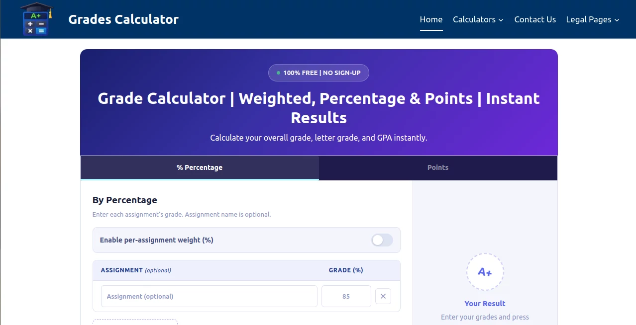 Screenshot of Grades Calculator – An AI tool in the ,AI Education Assistant ,AI Productivity Tools ,Education  category, showcasing its interface and key features.
