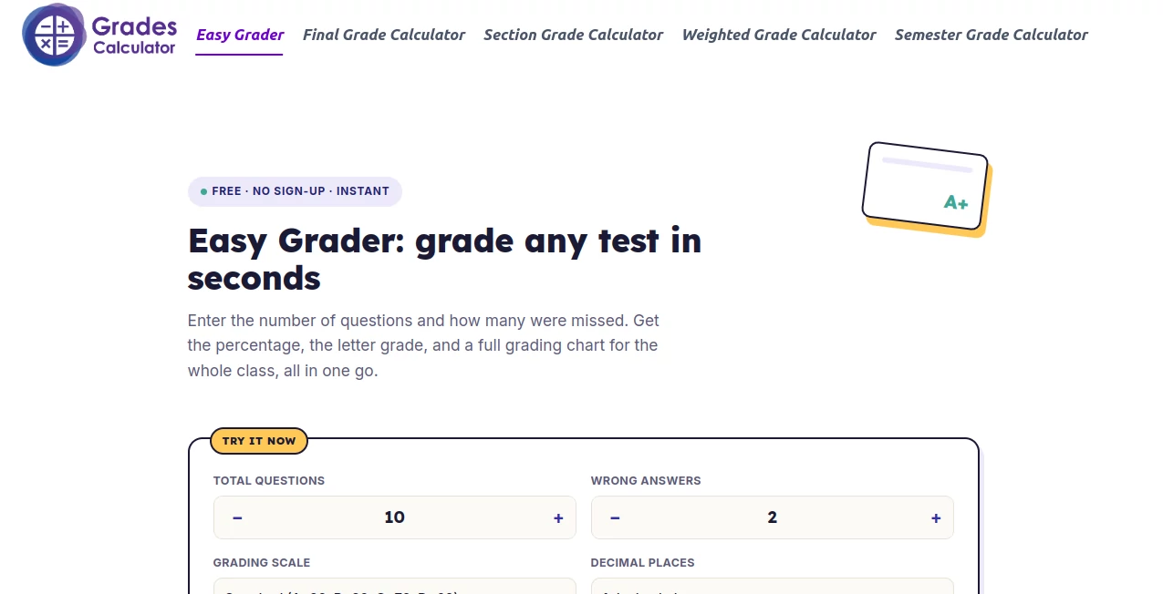 Screenshot of Grades Calculator – An AI tool in the ,AI Education Assistant ,Education  category, showcasing its interface and key features.